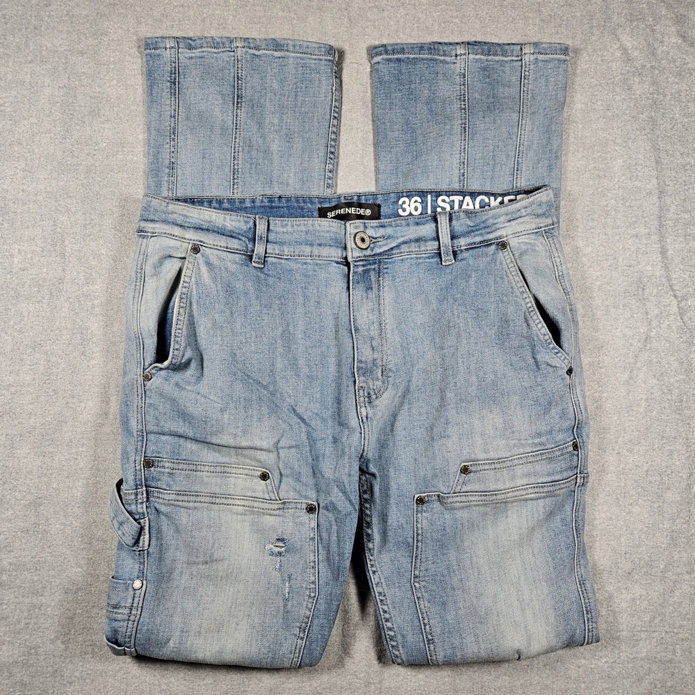 Serenede‎ Mens Stacked Denim Carpenter Jeans Light Wash Blue Distressed Size 36